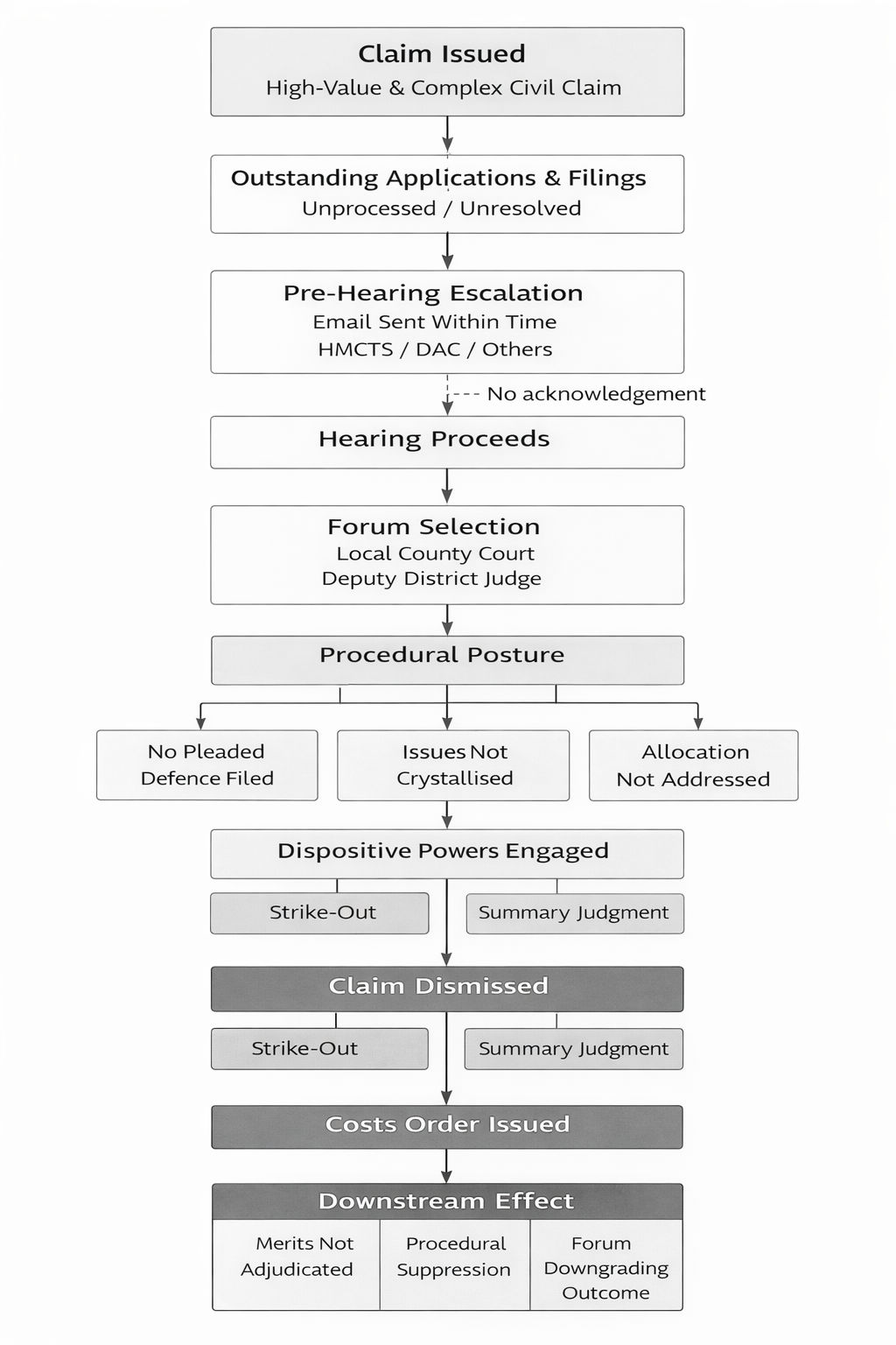 Figure — Procedural Pathway from Issue to Dismissal in the Absence of Pleaded Defence