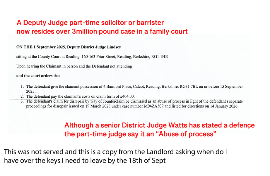 Subsequent Possession Order by Deputy District Judge A later order issued by a Deputy District Judge at Reading County Court. The Defendant did not attend. The order: Grants possession, Awards costs, Dismisses the disrepair counterclaim as an “abuse of process”. This dismissal directly contradicts: the earlier order acknowledging a defence, and the existence of an active civil claim M04ZA309 already listed for directions. What this image proves Judicial contradiction within the same proceedings. A defence previously accepted was later ignored or erased.
