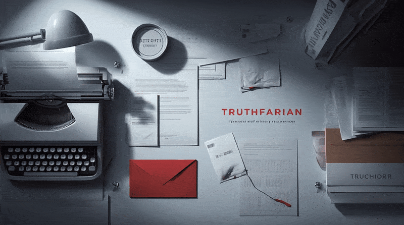 Truthfarian animation of a stationary on a clean desk surface typewriter on the left clicking away while envelopes move seamlessly apart to reveal the name truthfarian in red