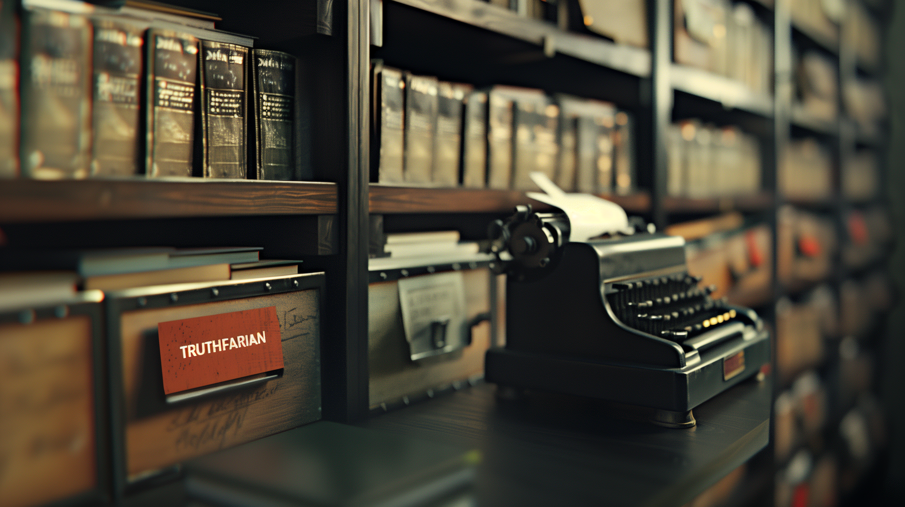 Truthfarian bookshelves with old metal ribbon typewriter