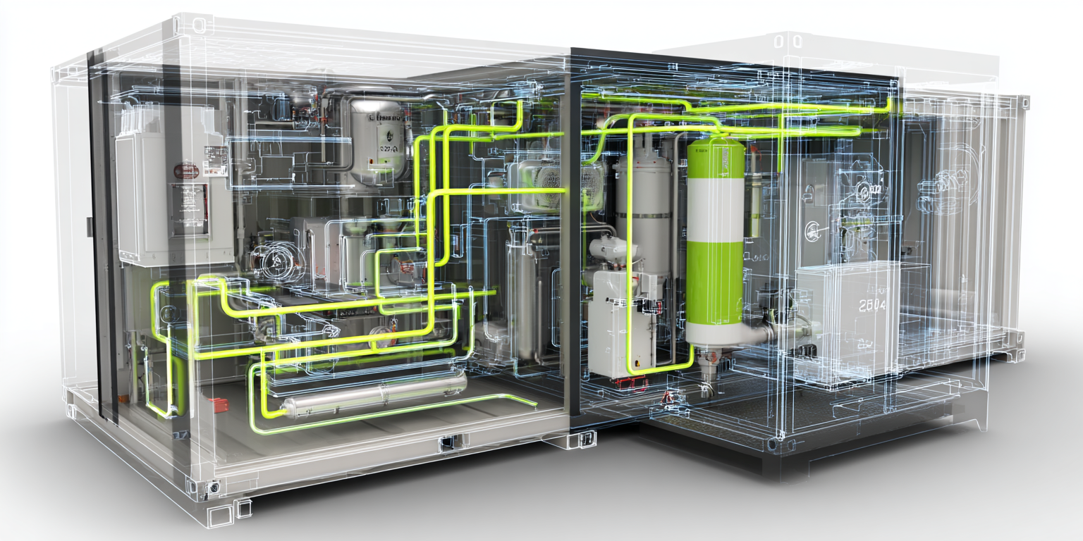 Minimalist clean-energy node for a rural micro-grid. Compact biological methanation reactor, low-pressure cylinders, small scrubber, membrane upgrader, all arranged in a low-profile modular frame. Eco-WE-1 style, white/grey stainless steel, thin neon-green and neon-gold circuit-like energy lines, blueprint/diagram hybrid render, scientific 8K