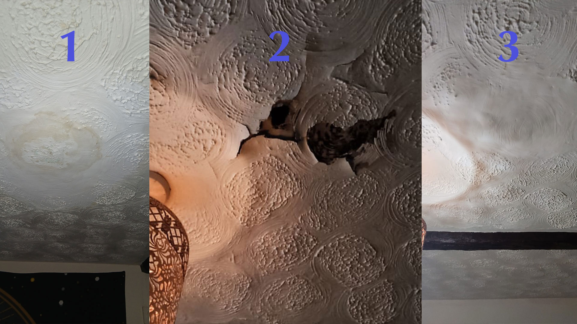Ceiling light and surrounding plaster damaged by prolonged water ingress originating from the bathroom above. (1) Current condition showing residual staining and surface deformation following repeated moisture exposure. (2) Prior condition showing active structural failure around the light fitting, including cracking, material loss, and mould growth caused by bathroom water leakage into the ceiling void adjacent to an electrical fitting. (3) Condition following an improvised cosmetic repair using tape and paint, concealing the damage without repairing the bathroom leak source, addressing mould contamination, or mitigating the associated electrical safety risk.