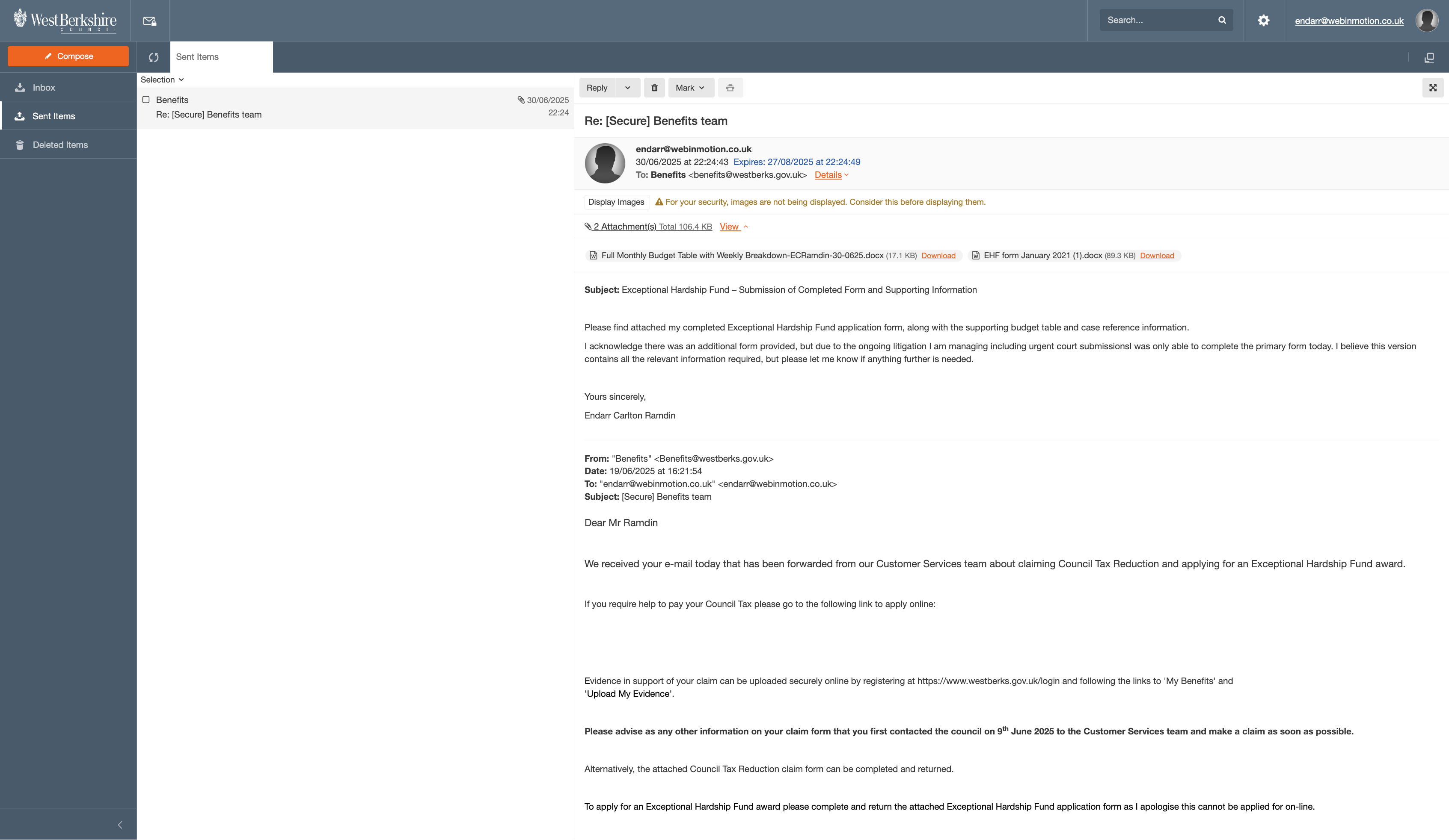 Screenshot of the claimant’s secure West Berkshire Council email submission (30 June 2025), showing the Exceptional Hardship Fund form and supporting documents sent to the Benefits Team.
