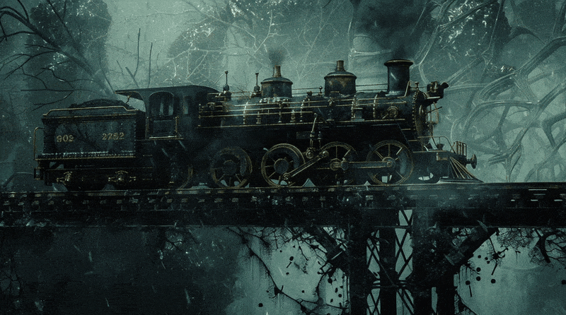 Old steam train – black smoke in a decayed steel environment travelling over victorian bridge