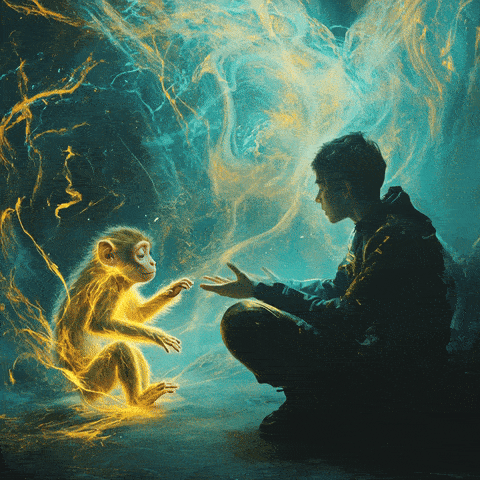 A surreal, cinematic digital painting of a person sitting in a vast, infinite mindscape. A glowing, ethereal monkey floats beside them, representing their subconscious. The monkey appears restless, with shifting, golden energy around it--symbolizing thoughts and distractions. The person, in deep focus, gently reaches out to guide the monkey, bringing harmony to the swirling chaos. The background is a dreamlike blend of cosmic blues and neural-like glowing pathways, representing the human brain’s inner worki