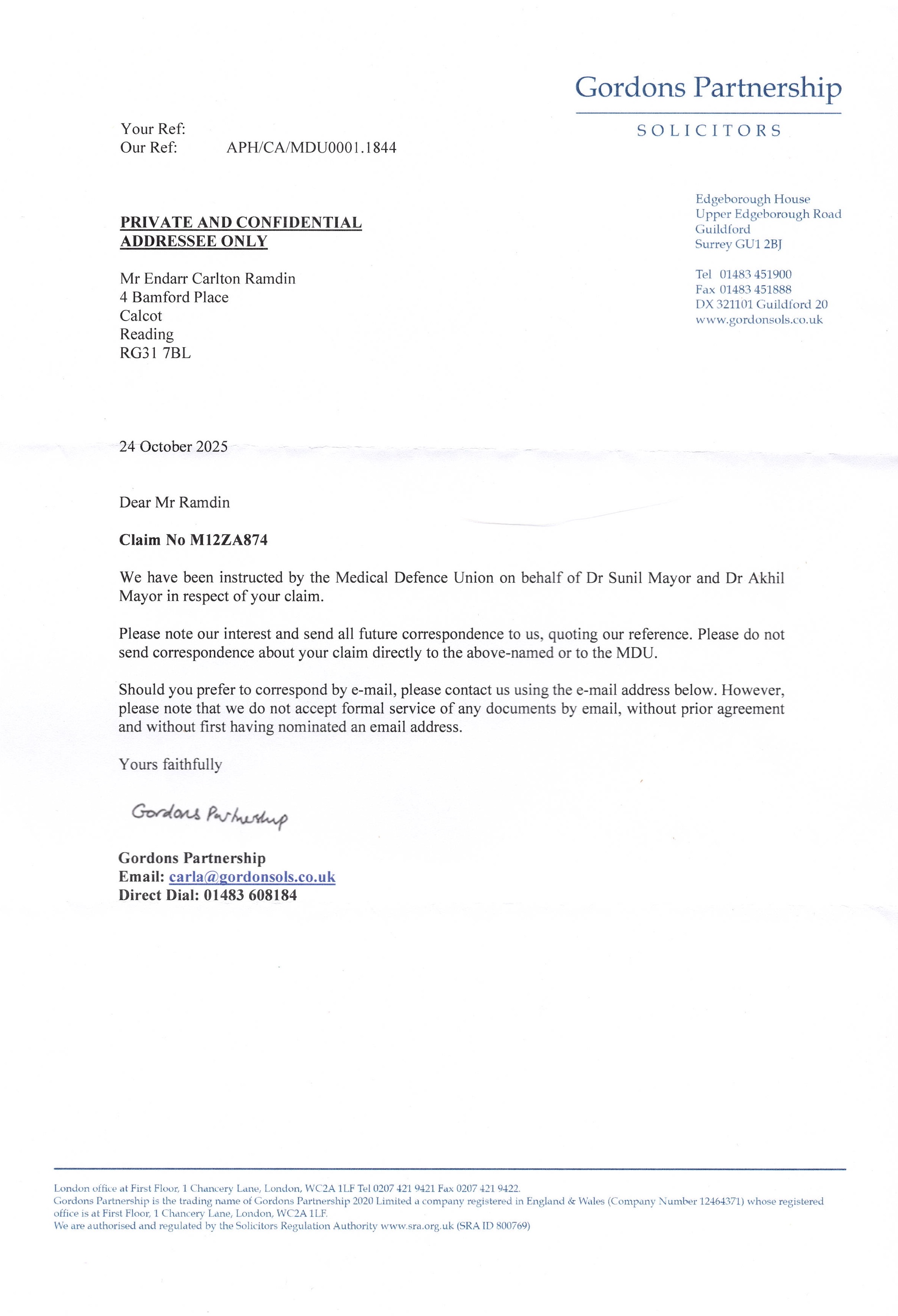 Gordons initial instruction letter (pre-default)	gordens-letter.jpeg	Representation and procedural posture asserted without Defence	CPR r.15.4; CPR r.22.1