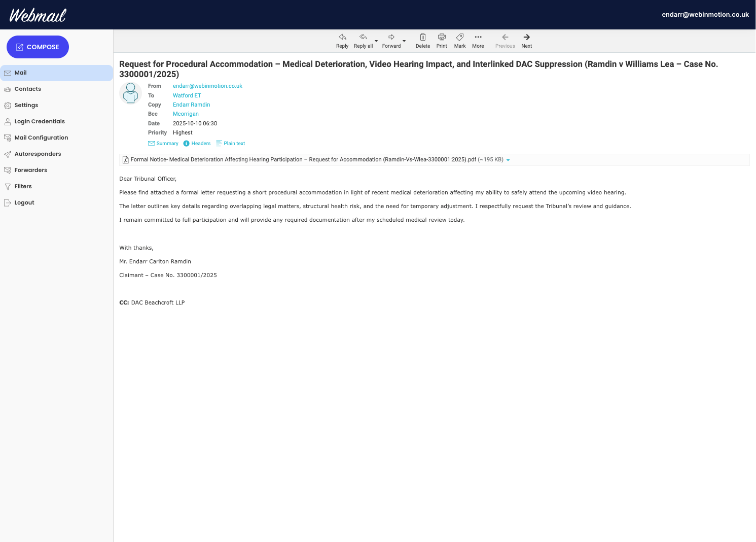 Claimant Email to Tribunal Medical deterioration request and procedural accommodation