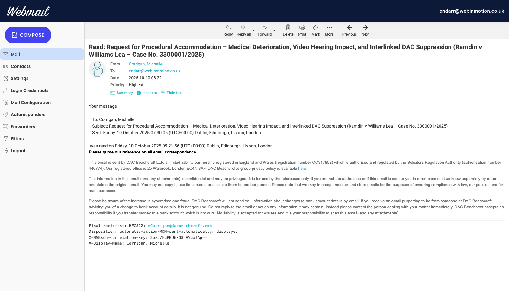 DAC Beachcroft Read Receipt Email read confirmation by Corrigan