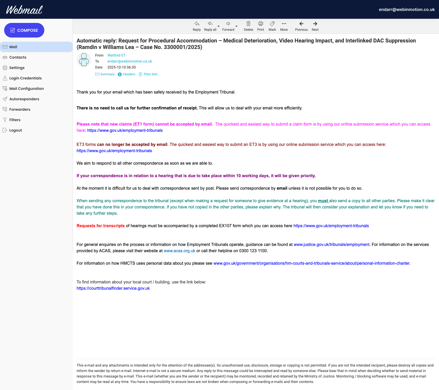 CTribunal Auto Acknowledgement Employment Tribunal automatic receipt confirmation