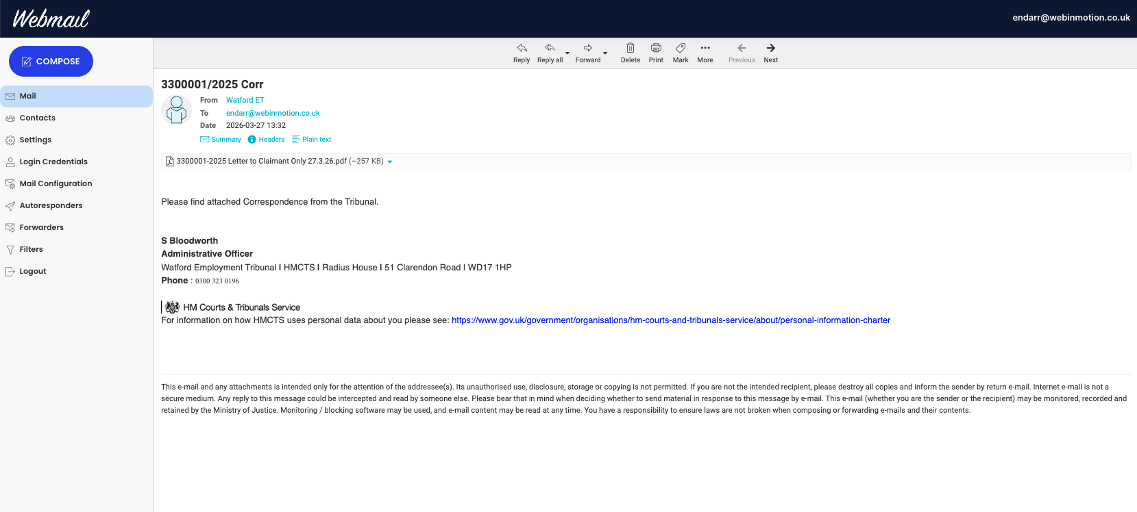 Tribunal Cover Email Tribunal email attaching Rule 31(2) letter