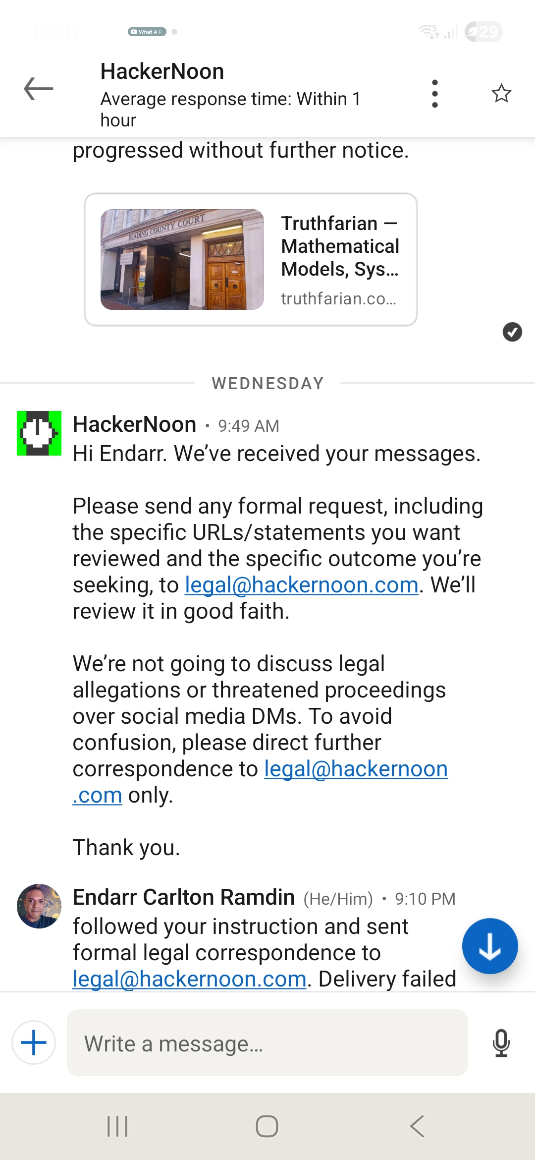 HackerNoon Direct Message Acknowledgment and Direction to legal@hackernoon.com