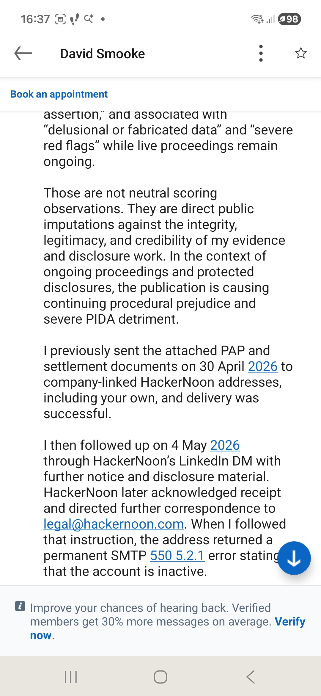 LinkedIn Direct Message Thread Showing Attachment of Four Formal PDFs