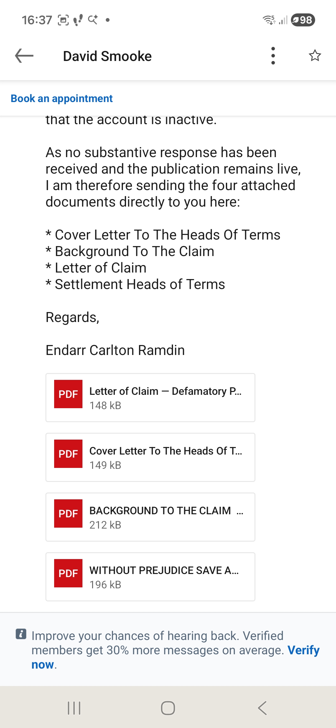 LinkedIn Direct Message Thread Showing Attachment of Four Formal PDFs
