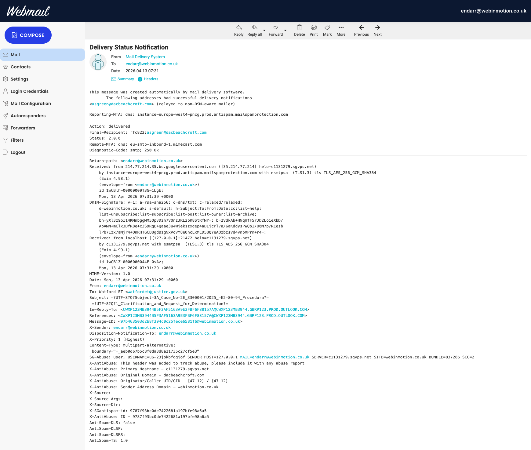 Mail delivery metadata confirming successful delivery to asgreen@dacbeachcroft.com with delivery status 2.0.0 and remote SMTP acceptance 250 Ok