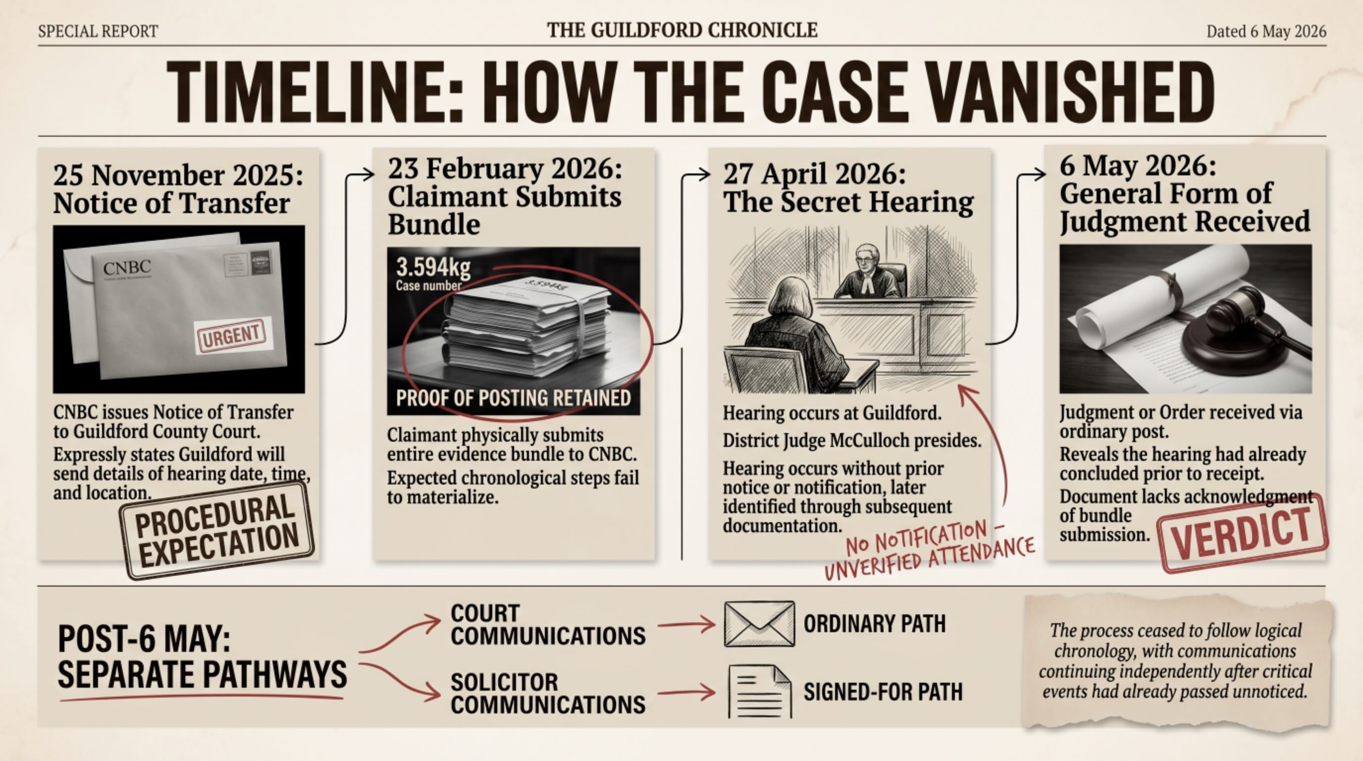 This figure illustrates the from transfer of proceedings by the Civil National Business Centre on 25 November 2025 through to receipt of the General Form of Judgment or Order dated 6 May 2026. The sequence records transfer process, unresolved CNBC, bundle submission record, hearing process later identified through order record, absence of identified hearing notification process, absence of identified public HMCTS listing, and emergence of parallel communication processs following order record. The figure further records divergence between anticipated hearing notification process within transfer documentation and later disputed hearing awareness record, together with separate court postal and solicitor communication processs emerging after the hearing process.