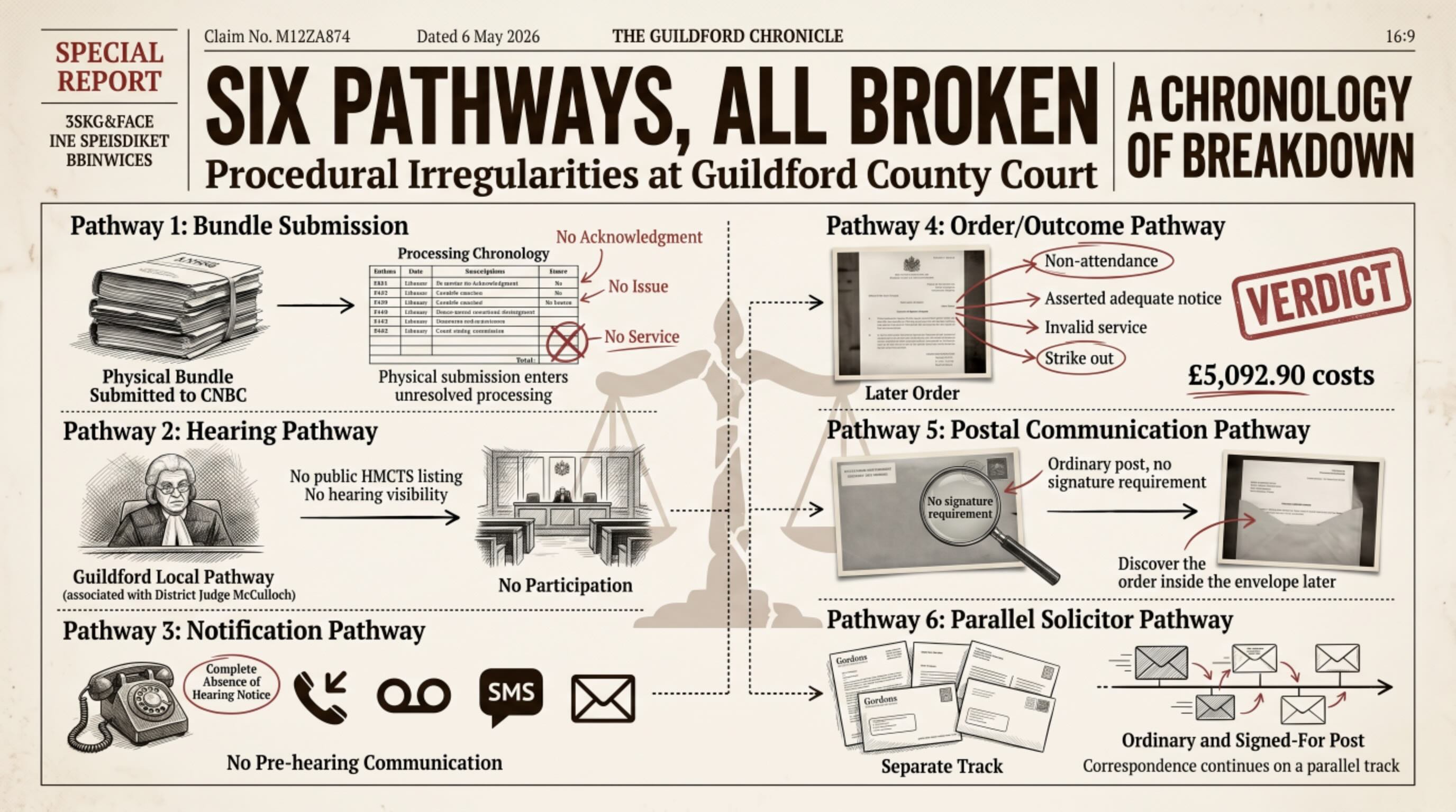 This figure visualises six parallel procedural pathways emerging following physical bundle submission chronology and subsequent Guildford transfer chronology. The sequence records unresolved bundle processing chronology, absence of identified public HMCTS hearing listing chronology, absence of hearing visibility chronology, absence of identified notification chronology, later order chronology received through ordinary postal chronology, and continuing parallel solicitor communication chronology. The model illustrates divergence between expected procedural sequencing and observed chronology pathways, showing how submission chronology, hearing chronology, notification chronology, outcome chronology, postal chronology, and solicitor chronology ceased operating as a single linear pathway and instead fragmented into separate communication and procedural routes.