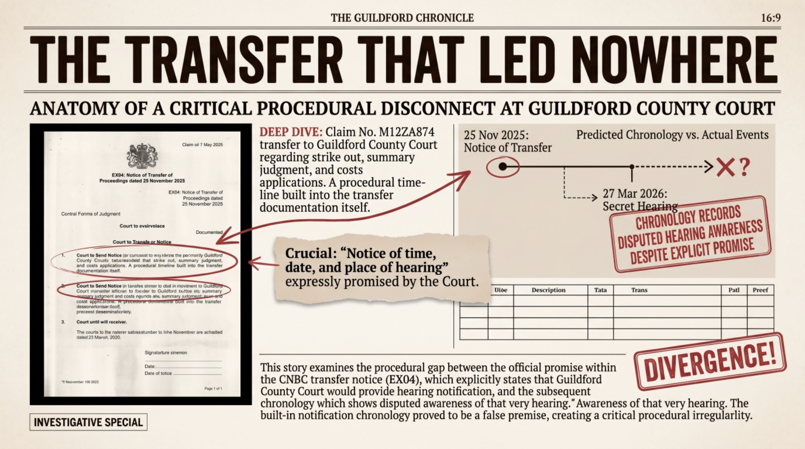 Figure 2. Transfer Chronology and Notification Divergence Model Demonstrating Procedural Disconnect Following CNBC Transfer in Claim M12ZA874 – This figure examines the transfer chronology established through EX04 (Notice of Transfer of Proceedings dated 25 November 2025) and compares the notification pathway expressly anticipated within the transfer document against later chronology events. The figure records that the transfer documentation expressly anticipated hearing notification chronology from Guildford County Court, while later chronology records disputed hearing awareness chronology, absence of identified hearing notification chronology, and hearing chronology identified retrospectively through later documentation. The model visualises divergence between expected procedural sequencing and observed chronology, demonstrating a disconnect between documented transfer obligations, notification chronology, and later hearing awareness chronology.