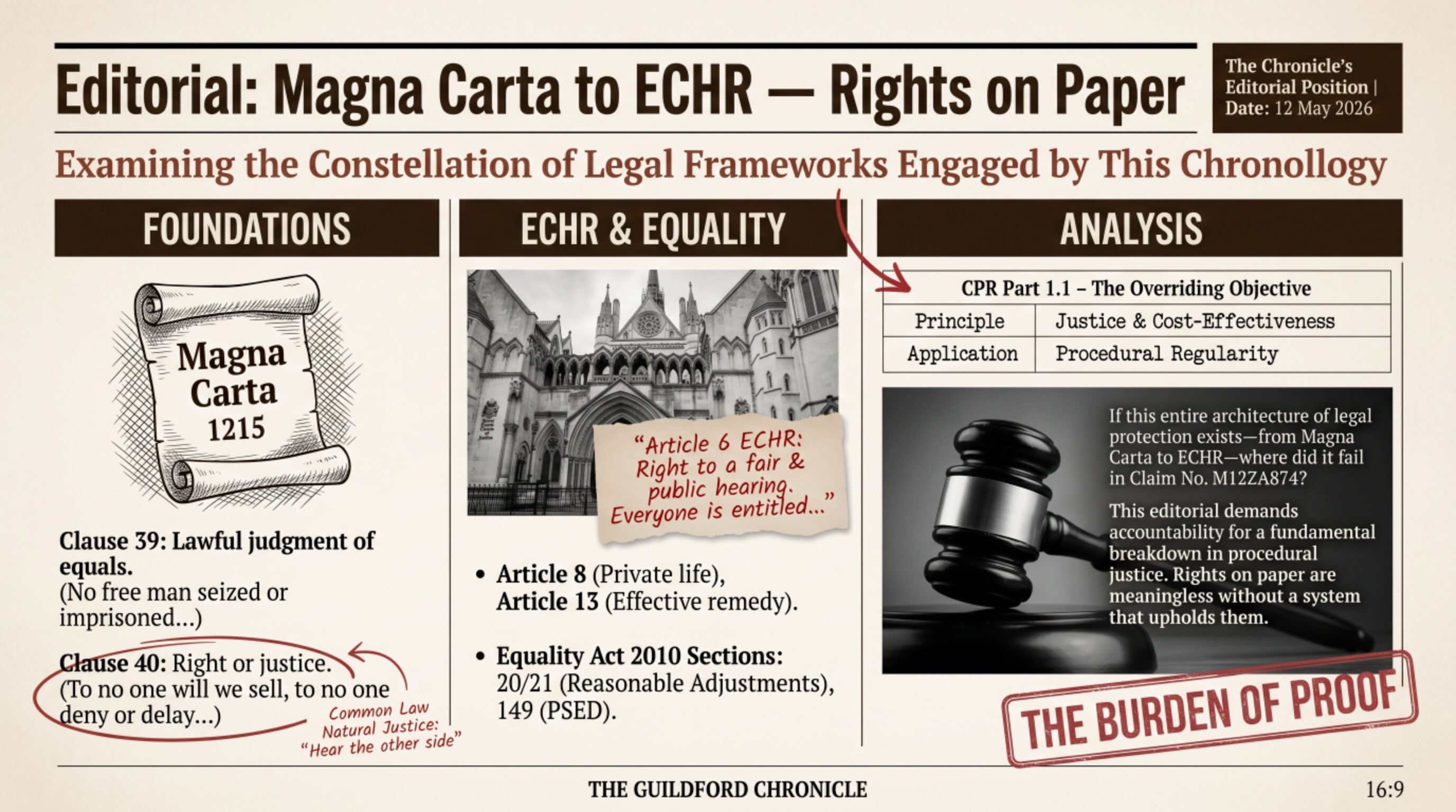 Figure 4. Constitutional Framework Escalation Model Showing Historical-to-Modern Legal Architecture Engaged by the Procedural Chronology in Claim M12ZA874.This figure visualises the progression from foundational constitutional principles through modern equality and procedural frameworks engaged by the chronology under review. The model begins with Magna Carta Clauses 39 and 40 concerning lawful judgment, due process, and prohibition against denial or delay of justice, principles which remain foundational within modern constitutional architecture.
The figure then maps these principles into modern rights frameworks including Article 6 (fair hearing), Article 8 (private life), Article 13 (effective remedy), Equality Act 2010 duties, and procedural obligations under CPR Part 1.1. The analysis section illustrates the relationship between constitutional protections existing in theory and the chronology under examination, specifically where notification chronology, hearing visibility chronology, participation chronology, and procedural regularity chronology are alleged to diverge from those protections.
