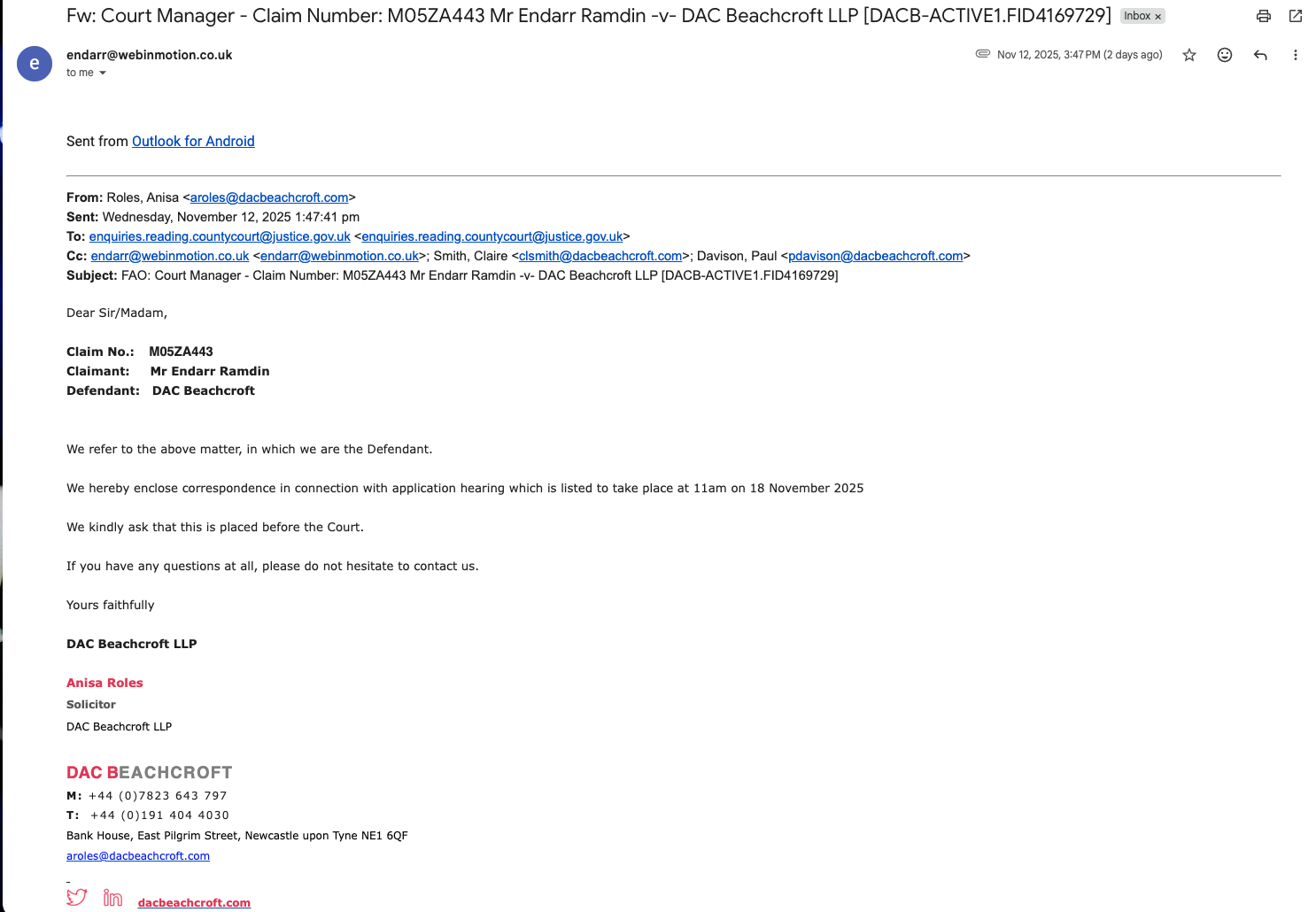 Evidence – Extract of the 12 November 2025 Email