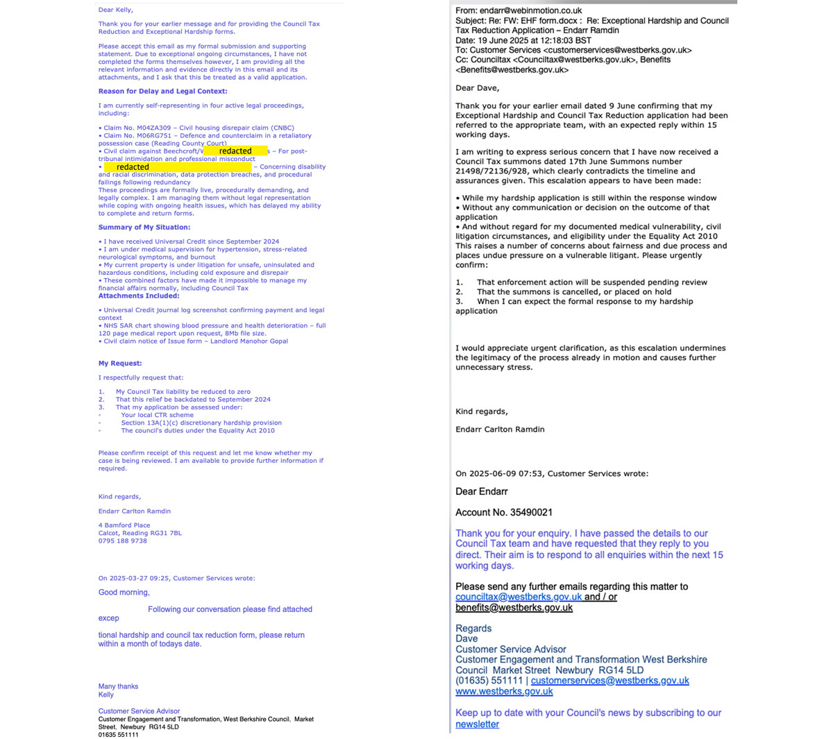  Email thread between the claimant and West Berkshire Council (Customer Services and Benefits Team), evidencing submission of hardship information, medical vulnerability, active litigation context, and requests for lawful suspension of enforcement.