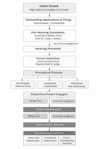 Figure — Procedural Pathway from Issue to Dismissal in the Absence of Pleaded Defence