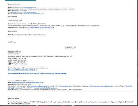  A reply from the County Court Business Centre on 27 November 2025 was issued 51 days after the claimant's correspondence of 6 October 2025, delaying corrective action in landlord cases M04ZA309 and M00RG751.
