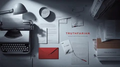 Truthfarian animation of a stationary on a clean desk surface typewriter on the left clicking away while envelopes move seamlessly apart to reveal the name truthfarian in red