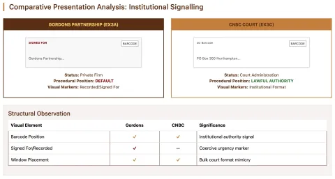 Comparative Presentation Analysis: Institutional Signalling (EX3A – Gordons Partnership; EX3C – CNBC Court).  Side-by-side visual comparison of envelope formatting demonstrates structural convergence in barcode placement, window alignment, and institutional layout markers. While CNBC (Court Administration) reflects lawful administrative authority, Gordons (Private Firm in procedural default) adopts parallel presentation cues, including “Signed For/Recorded” labelling. The comparison isolates shared visual a