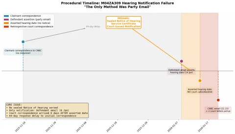 Timeline illustrating a 64-day administrative silence following claimant correspondence, the absence of any sealed Notice of Hearing or court-issued notification, reliance solely on a party email asserting a hearing date (8 January), and retrospective court correspondence issued only after the asserted date, including a late-night CNBC email and two letters.
