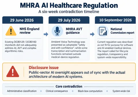 Timeline showing the regulatory sequence from the NHS England June 2026 review, through the MHRA’s July 2026 AVT guidance, to the National Commission’s September 2026 report, highlighting the emerging contradiction between public reassurance, acknowledged regulatory insufficiency and the later call for lifecycle, transparent and system-wide AI oversight.