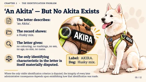 ‘An Akita’ — But No Akita Exists. Identification comparison showing that the authority’s letter describes only “an Akita”, while the resident identifies his dog as a Husky mix. The figure highlights that no colouring, markings, sex, age, size or name are given in the letter, leaving the only stated identifying characteristic materially disputed.